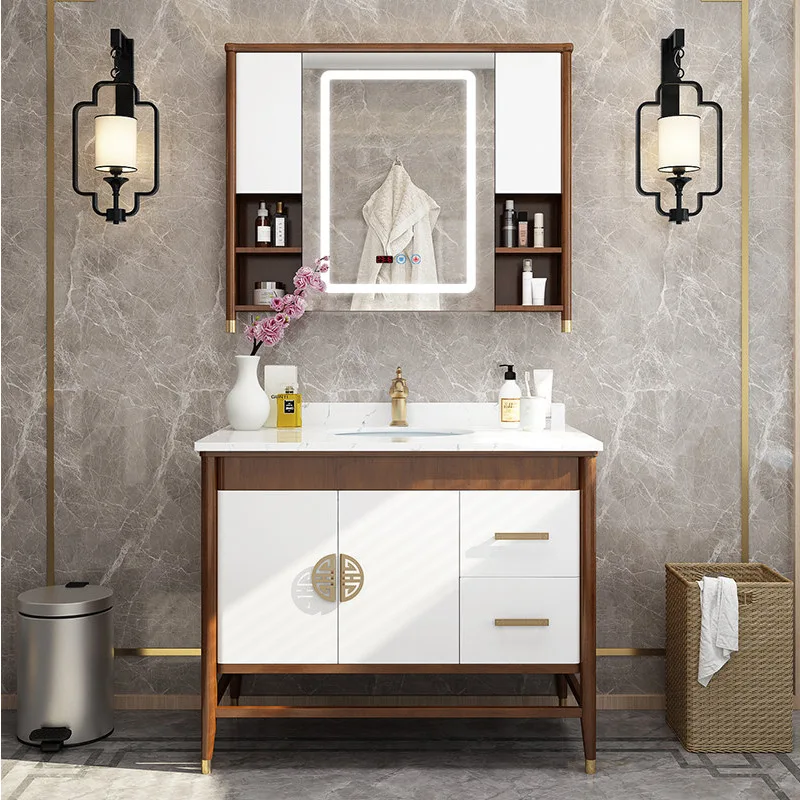 New Chinese bathroom cabinet combination solid wood floor-to-ceiling bathroom washbasin modern antique