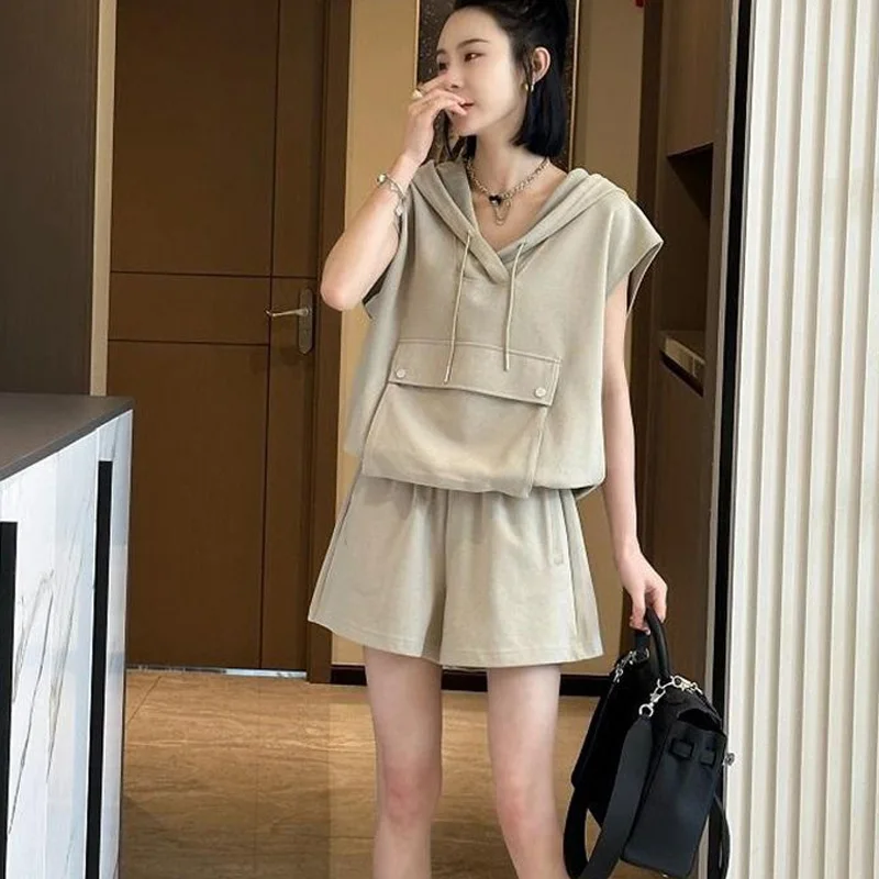 Solid Oversized Ladies Fashion Pullovers Two Piece Set Summer Loose Sleeveless Tops New Elastic Waist Straight Wide Leg Pants