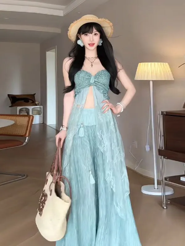 

Beach Vacation Style Halter Top Wide Leg Pants Two Piece Set Elegant Summer New Arrival Comfortable Cotton Blend Casual Wear