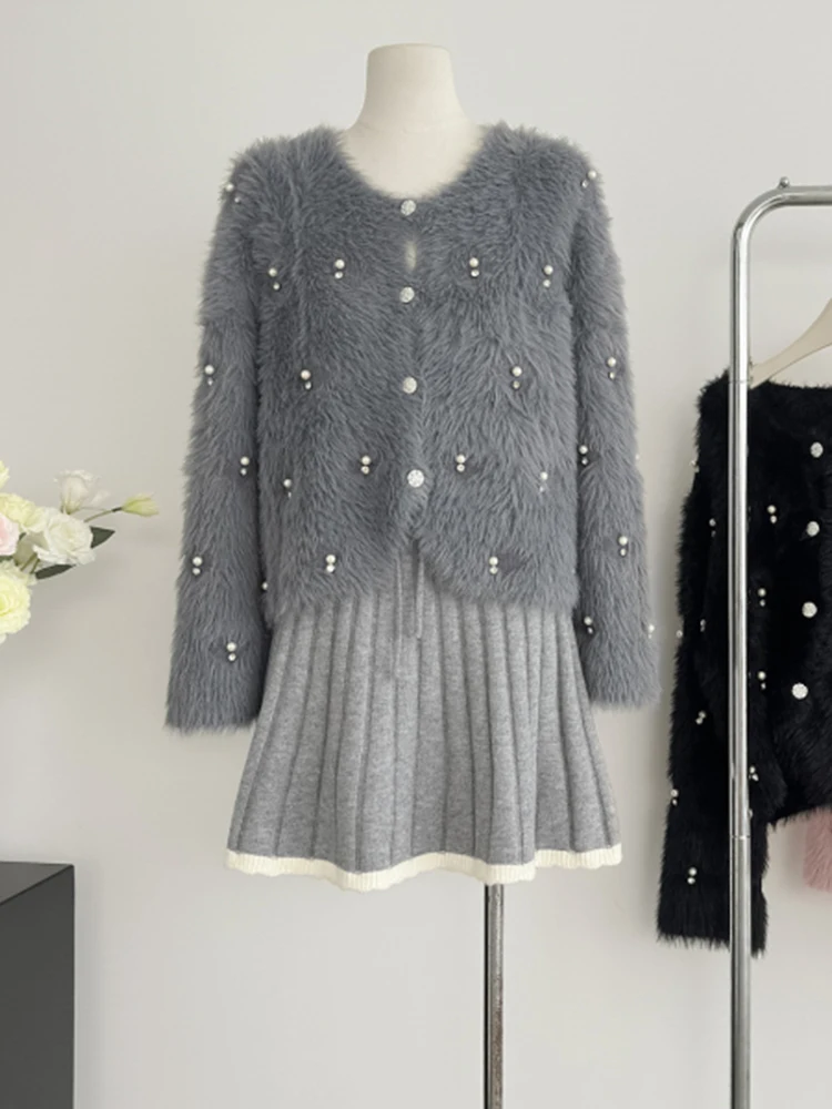 Autumn Winter Woman Old Money Pearl Cardigan Sweater Long Sleeve Fluffy Knitwears Jumper Old Money Luxury Romantic Elegant Chic