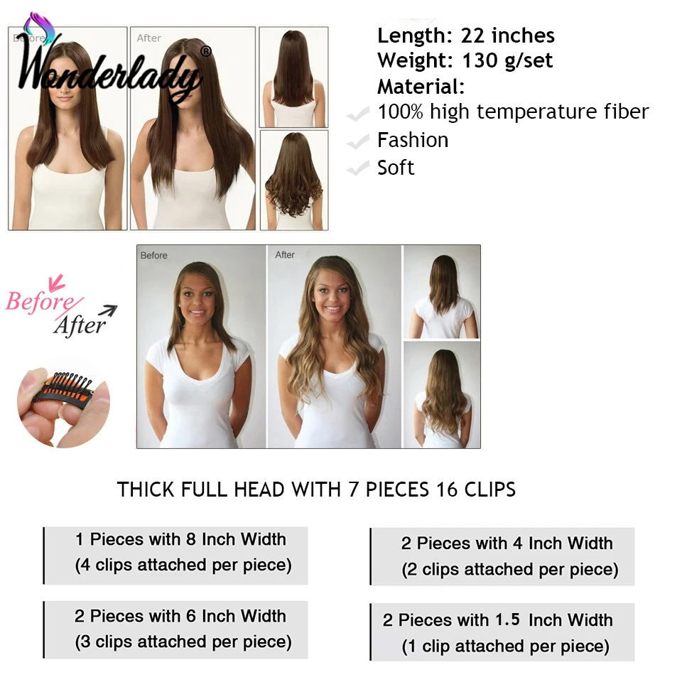 WonderLady Synthetic Clip On Hair Extension 7Pcs/Set 22\