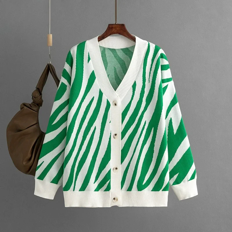 

Single Breasted Striped Design Cardigan Korean Fashion Single Breasted Knit Sweater Coats Women V-neck Long Sleeve Outerwears