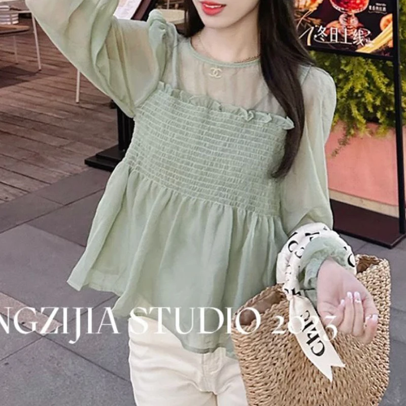 Women Korean Style Ruffle Sweet Chic Slim Blouses Summer Trend Solid Long Sleeve Thin Shirts Casual Round Neck Tops Blusa Mujer