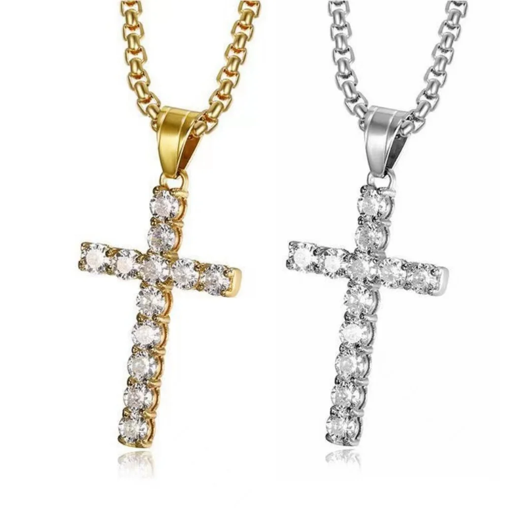 Luxury Iced Out Full Zirconia Small Cross Pendant Gold Silver Color Stainless Steel Tennis Necklace for Woman Religious Jewelry