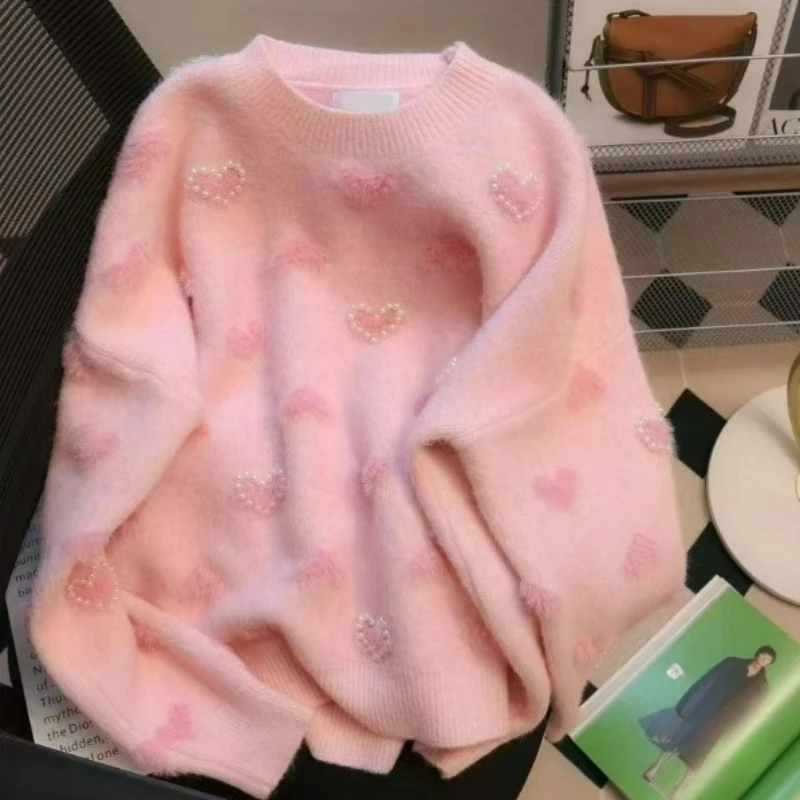 Konijnjacquard trui voor dames Losse casual relaxte gebreide trui met lange mouwen en contrasterende kleur voor herfst-winter