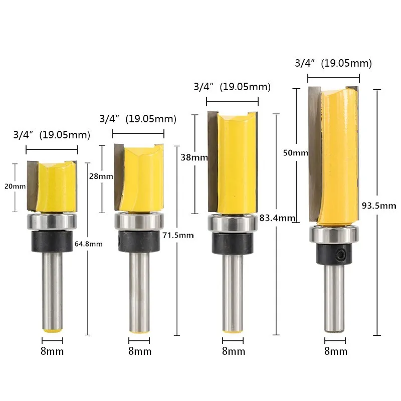 1pc 8mm Shank Bearing Flush Trim Router Bit For Wood Tungsten Carbide End Mill 20/25/38/50mm Woodworking Milling Cutter