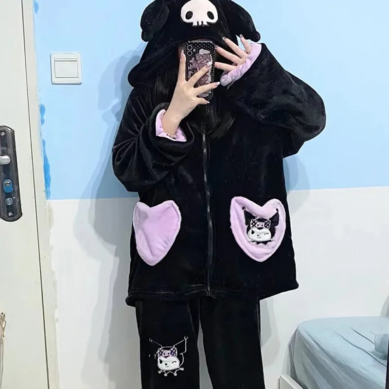 Cute Sanrioed Kuromi Homewear Y2K Plush Pajamas 2 Piece Set Girl Hooded Tops Pants Kawaii Black Winter Coral Fleece Sleepwear