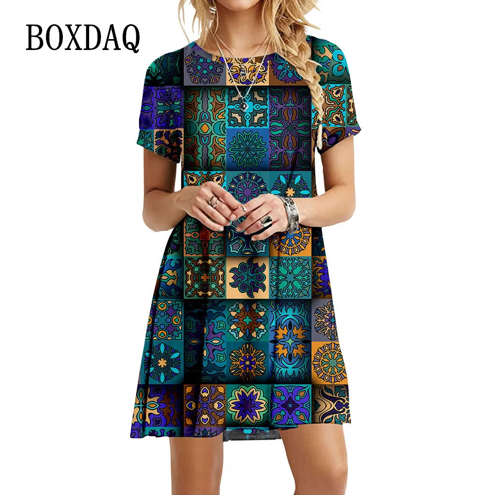 

Ethnic Style Pattern Women Boho Print Dresses Summer Vintage Short Sleeve A-Line Dress Casual Oversized Loose Sundress Vestidos