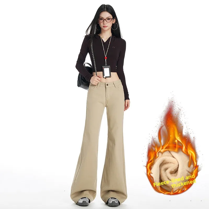 2025 Jeans invernali in peluche americano kaki nostalgico a gamba larga Gamba dritta Look ampio Pantaloni micro svasati dimagranti