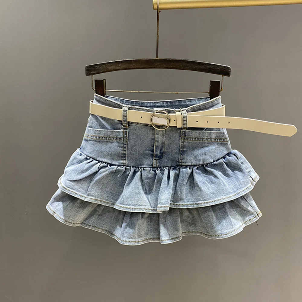 Denim Skirts For Womens 2024 Spring Summer Light Blue High Waist Jean Skirt Puffy Ruffle Fashion Faldas Mujer Korean Chic Jeans