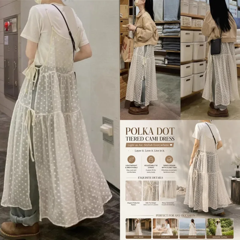 

Embroidery Dresses Midi Dresses Korean Chic Dresses Polka Dot Sheer Breathable Adjustable Side Tie Loose Maxi Summer Young Women