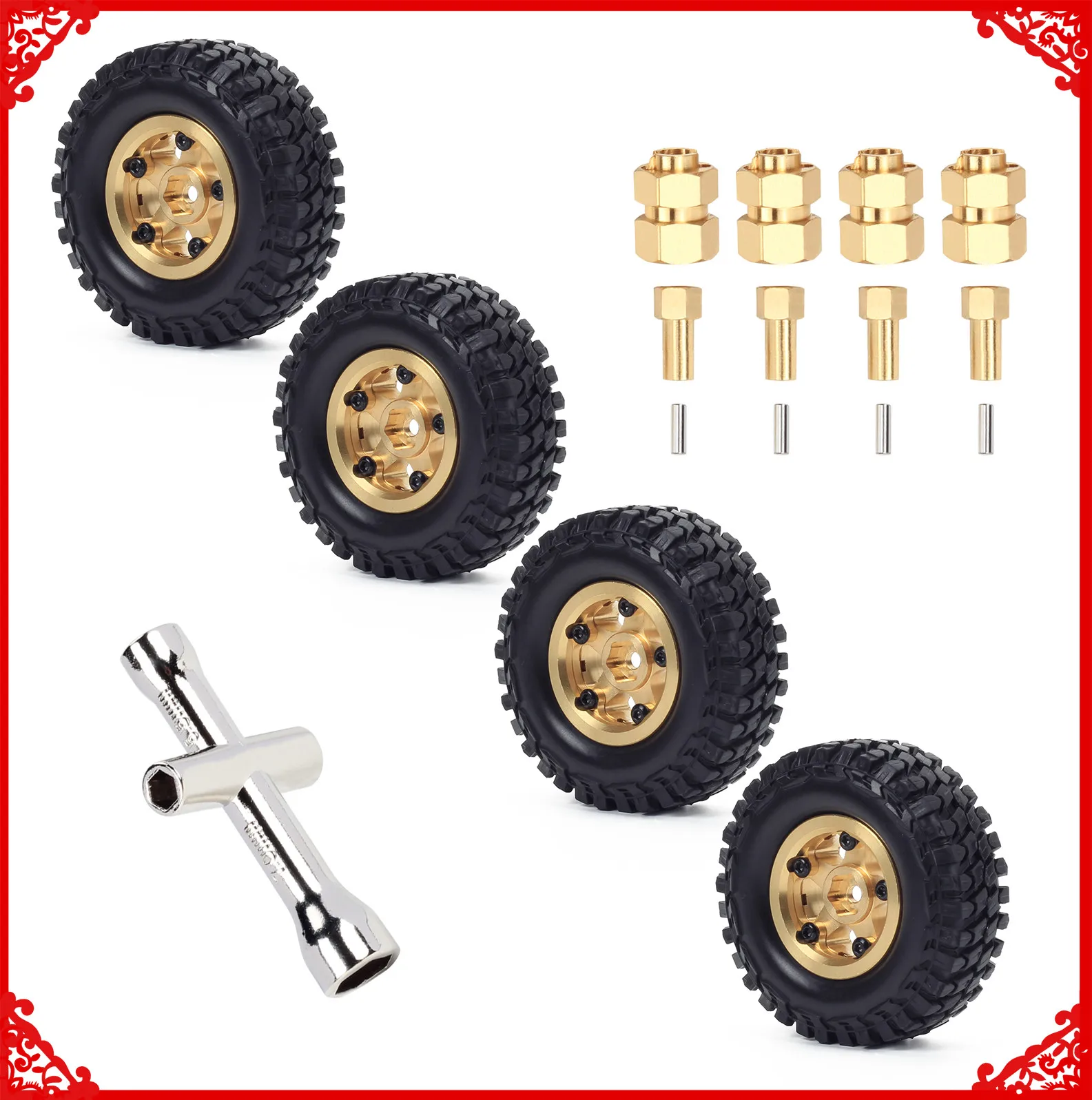 RCAWD 4x chromed brass 1.0 inch wheel glue free weights and tire for Axial 1-24  SCX24 crawlers upgrade part