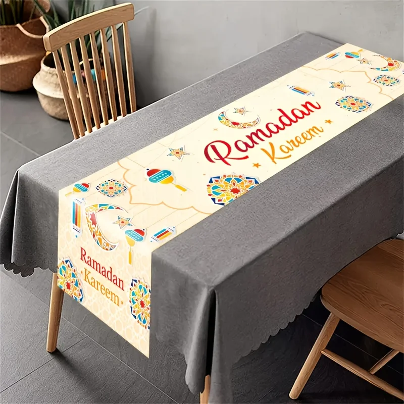 Ramadan Kareem Stars Moon Linen Table Runner Party Decor Islamic Muslim Eid Mubarak Table Runners for Kitchen Dining Table Decor