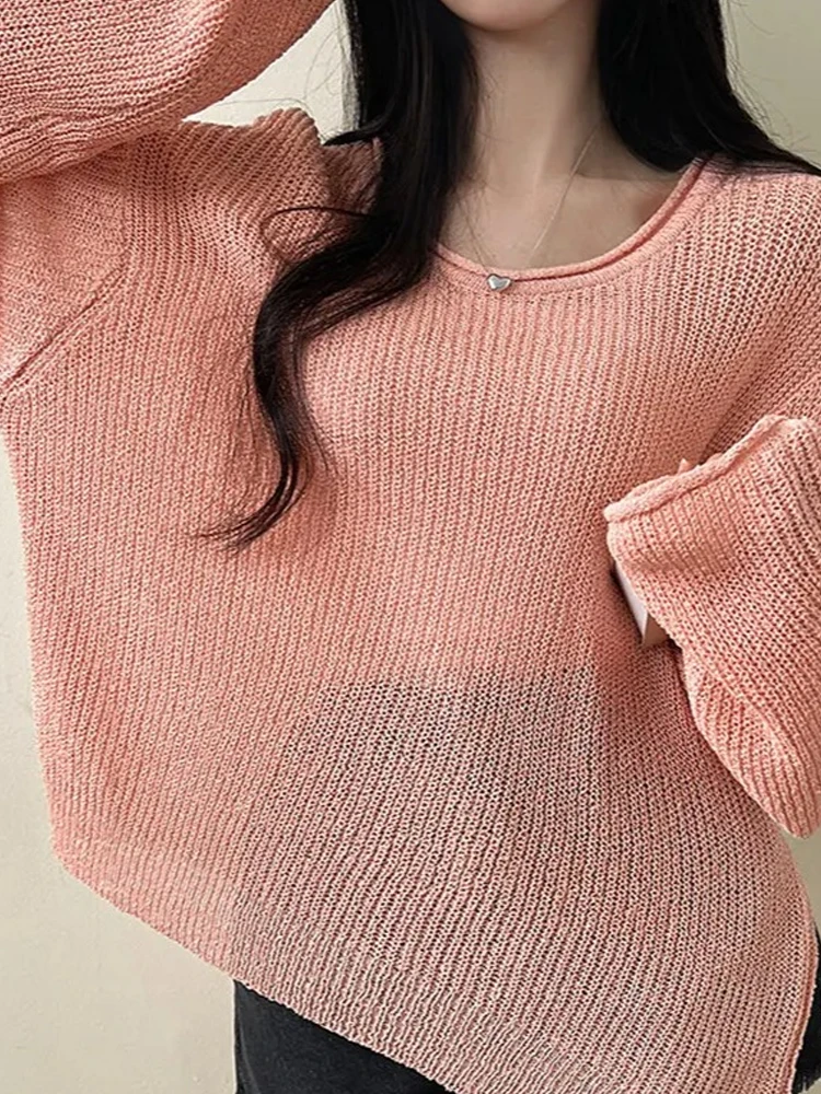 Zonbescherming Lange Sve Ijs Zijde Gebreide Top Dames Dun Ontwerp Koreaanse Losse V-hals Uitgeholde Zoom Split Cover up irt