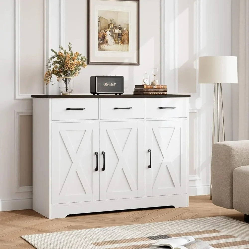 Farmhouse Buffet Sideboard Cabinet, Modern Barn Doors, Storage Cabinet with Drawers and Prateleiras