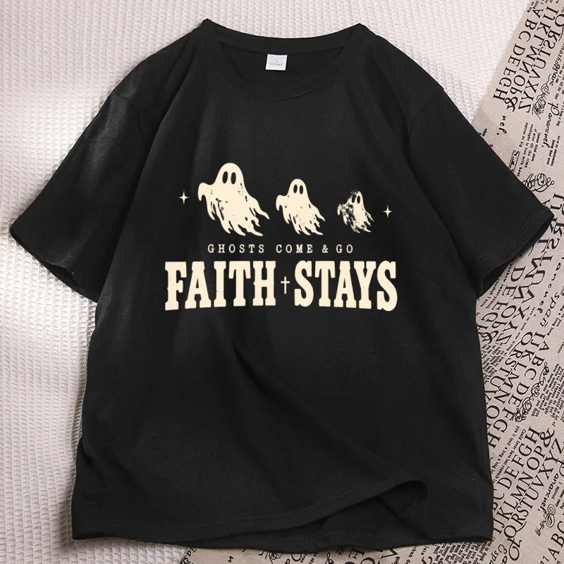 Christian Halloween T-shirt Faith Stays Ghost Design T Shirt Men Women Religious Fall Cotton Short Sleeve Tshirts Streetwear