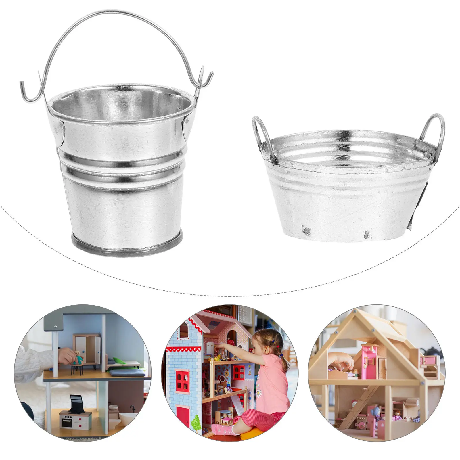 

2Pcs Mini Metal Buckets for Dollhouse Decor Small Iron Pail with Handle Kids Creative Play Accessory Realistic Tiny Bucket
