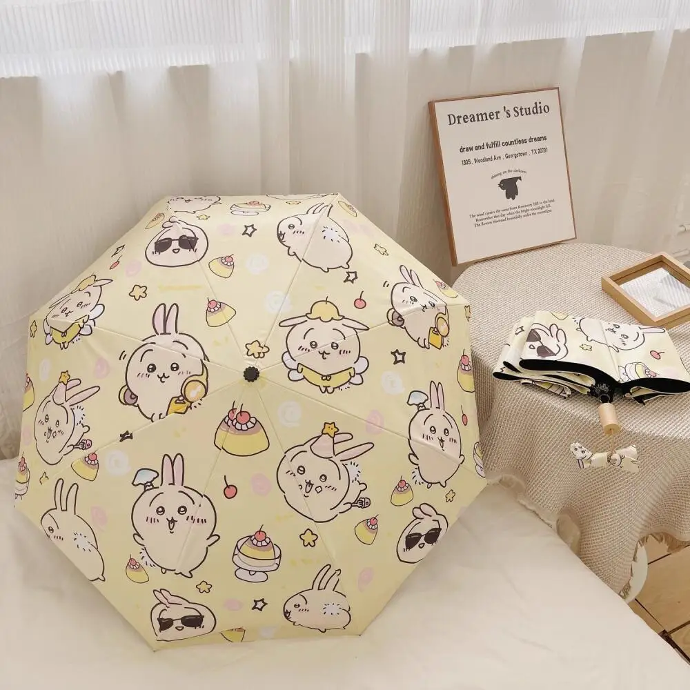 Cartoon Usagi Dreifach faltbarer automatischer Regenschirm, Anime-Sonnenschutz und UV-Schutz, Kawaii Mädchen Regenschirm für Regen oder Sonnenschein, tragbar