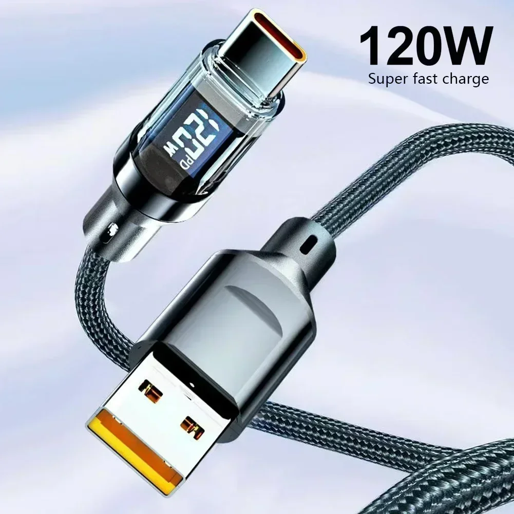 Kabel Data Tipe-C ke Tipe-C 120W/100W Kabel Data Tampilan Digital Transparan USB ke Tipe-C untuk Millet Samsung iPhone Mac book
