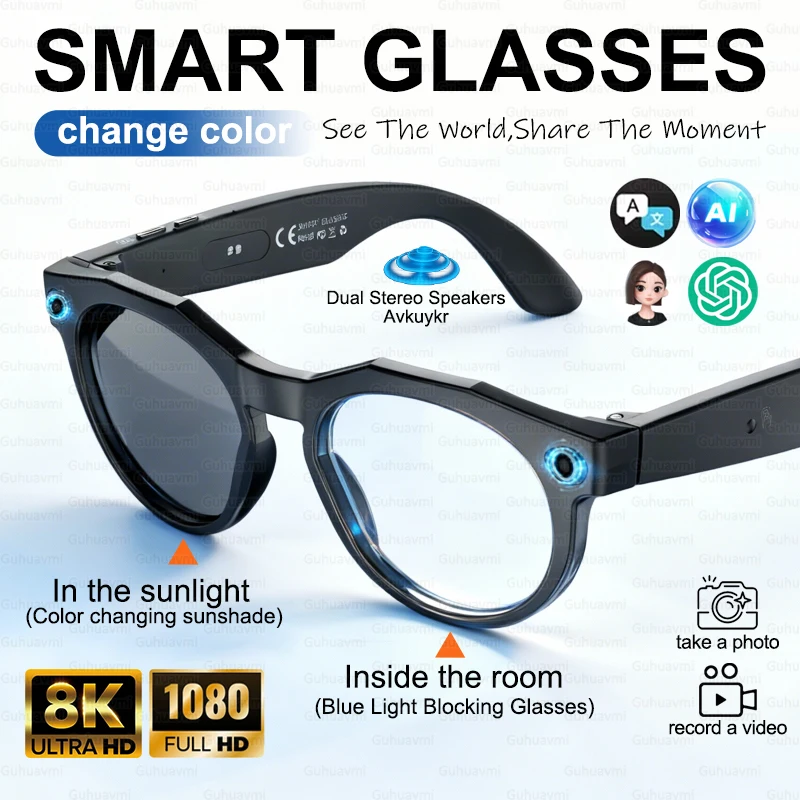 2026 Color Change Smart Glasses 800W HD Camera Recording Videos AI Photo Recognition Answer 100+Languages Translation Music Play
