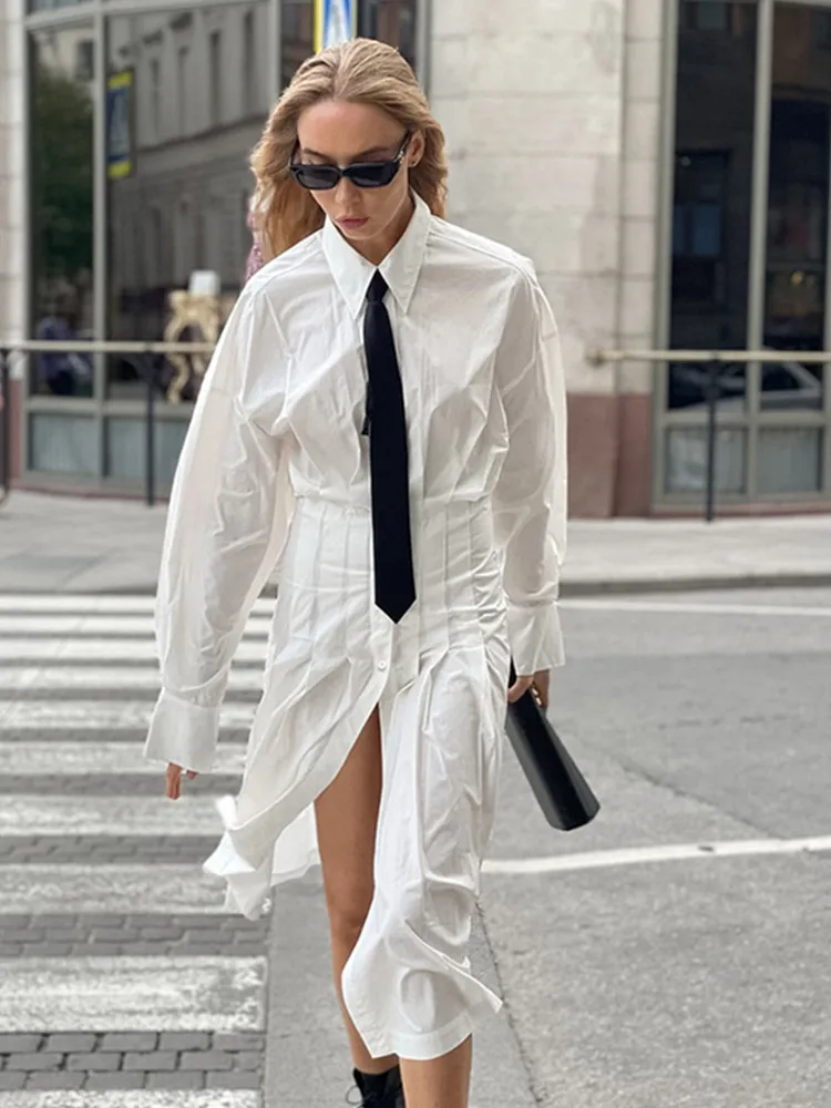 

BKLD 2025 Autumn New Fashion Pure Cotton Shirt Dress Women Clothing Commuter Split Long Sleeve High Waist Slimming Pleated Dress