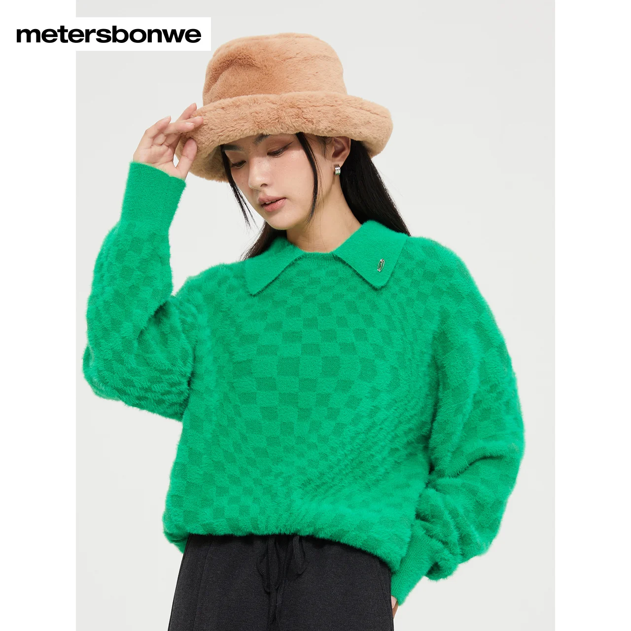 Metersbonwe-Women\'s POLO Collar Jumper Simple Checkerboard Loose Sweater  Christmas Green Sweet Stylish Female Warm Wear Winter