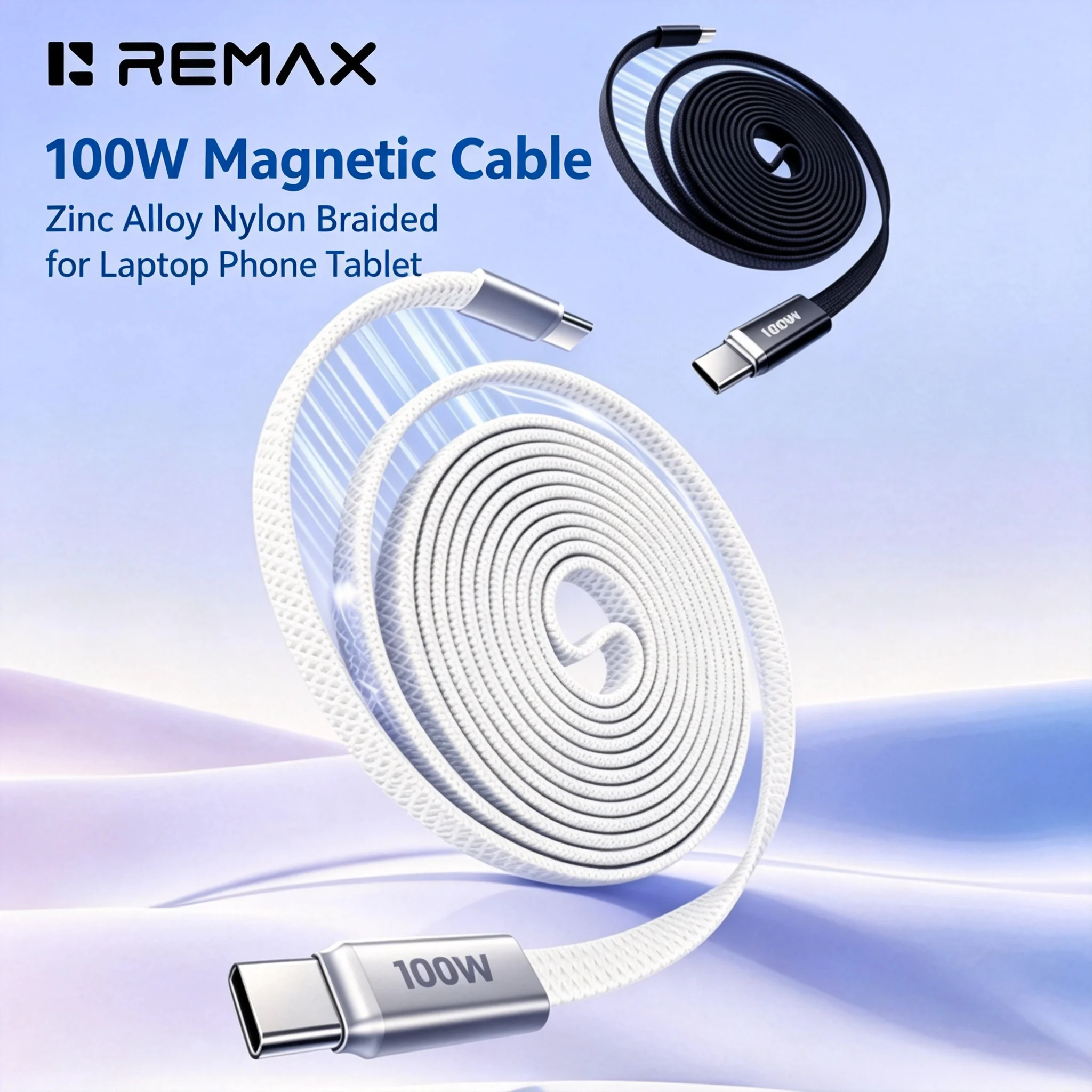 REMAX 100W Magnetic USB C Cable Zinc Alloy Braided Self Winding Fast Charging 480Mbps Data Transfer for Laptop Phone Tablet