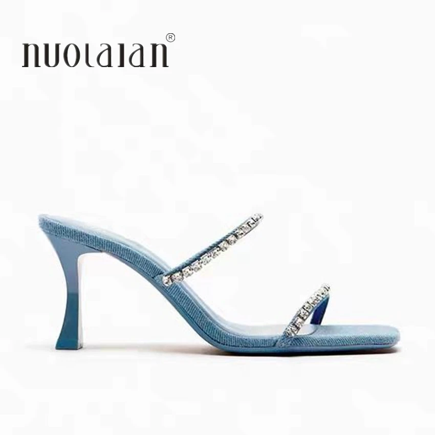 Denim Blue Rhinestone High Heels Women Mules Peep Toe Fashion Slippers Casual Slides Ladies Heeled Sandals Summer Shoes