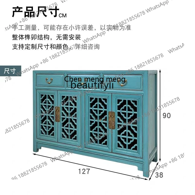 American Locker Hollow Carved Entrance Cabinet European Furniture Retro Blue Shoe Cabinet