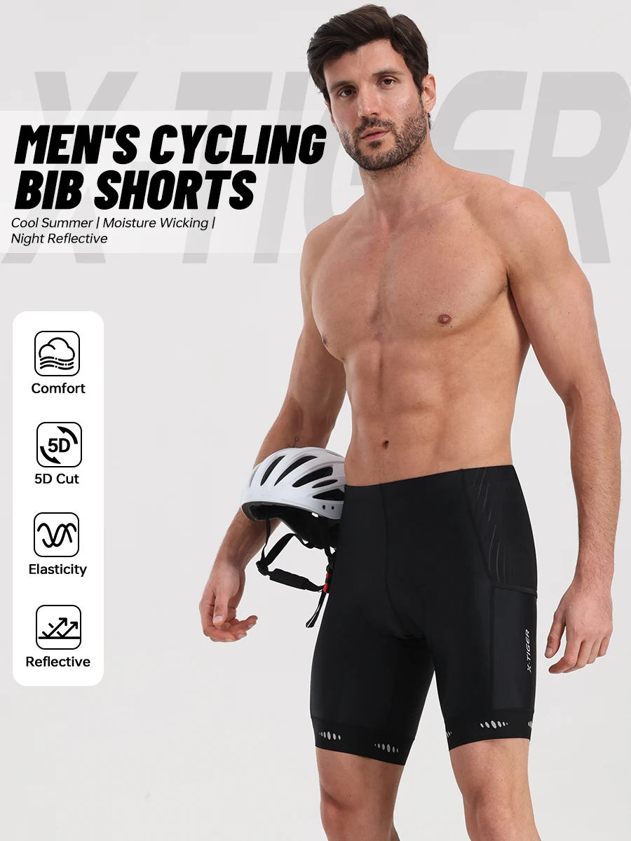 X-TIGER Herren-Radhose mit 5D-Polsterung, atmungsaktiv, schnell trocknend, für MTB und Rennrad, mit Taschen, reflektierend in mehreren Winkeln – Detail 1