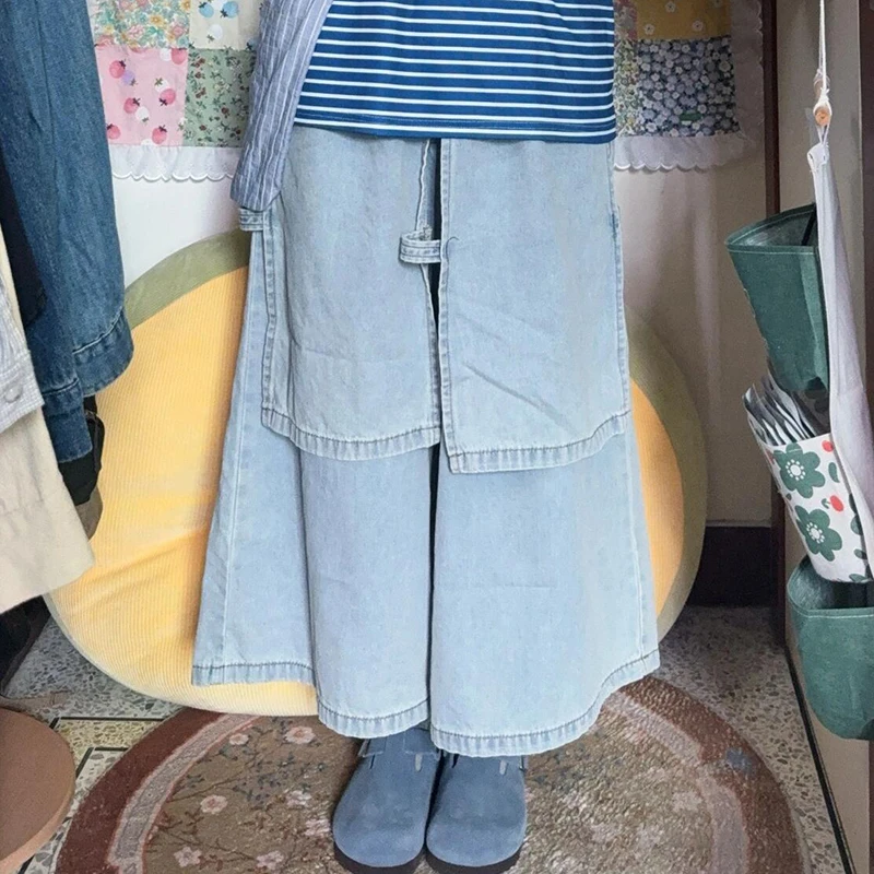 PBAP Fake Two-piece Women Baggy Jeans Vintage Washed Solid Elastic Waist Skirt Layered Wrap Pants Lounge Trendy Everyday Wear