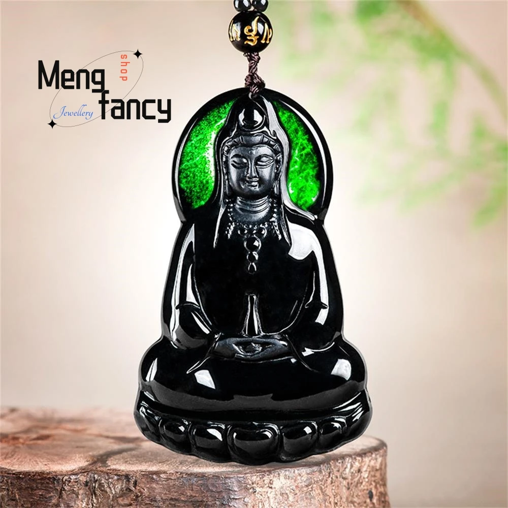 Natural Ink Cui A Goods Jadeite Plain Vase Guanyin Buddha Jade Translucent Green Pendant Buddhist Amulets Luxury Quality Jewelry