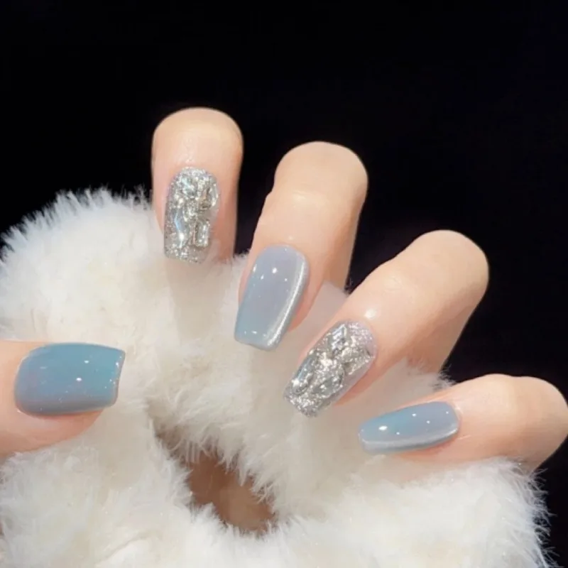 24 Pcs Artificial Fake Nails for Gluing Cheap False Short Nails with Tools Rhinestone Realistic Press on Nails Acrylic Removable