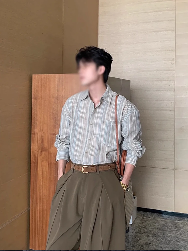 

Мужская полосатая длинная све irt Color Blo Texture Cleanfit Korean Sle Autumn Faion, повседневная свободная посадка из полиэфирного волокна