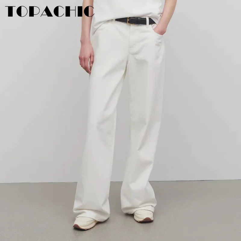 10.29 TOPACHIC-Women High Quality Cotton White Denim Pants High Waist Straight Casual Versatile Jeans