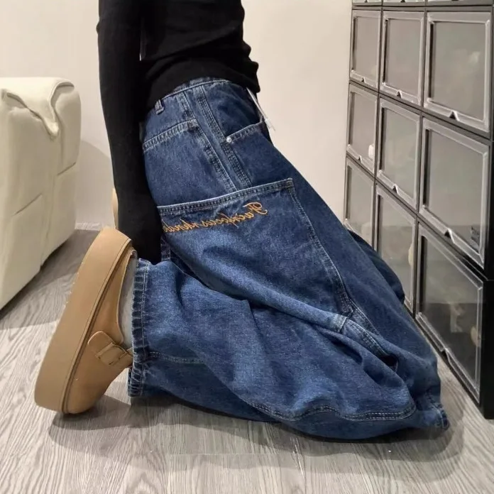 Women Denim Jeans Embroidered Jean Pocket Button Zipper Fly Mid Waist Full Length Wide Leg Pants Loose Fit Casual 2026 Summer