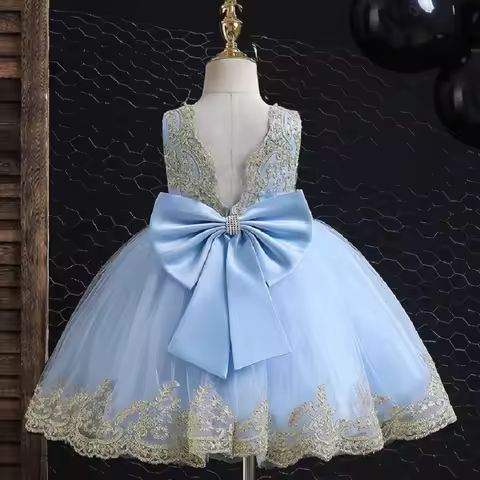 Summer Children's Elegant Evening Dress Lace Embroidered Lace Birthday Party Sleeveless Bow Girl Princess Dress