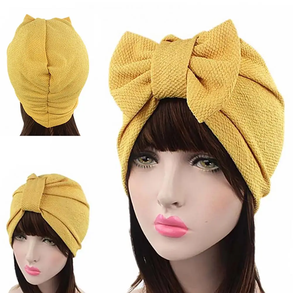 Muslim Solid Bonnet Womens Big Bowknot Stretch Hijab Turban Hat Scarf Headwear Cap Head Wrap Chemo Beanies Bows Hair Accessories