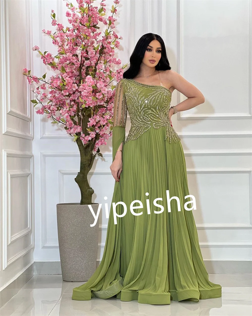 Jersey Draped Ruffle Beading Celebrity A-line One-shoulder Bespoke Occasion Gown Long Dresses