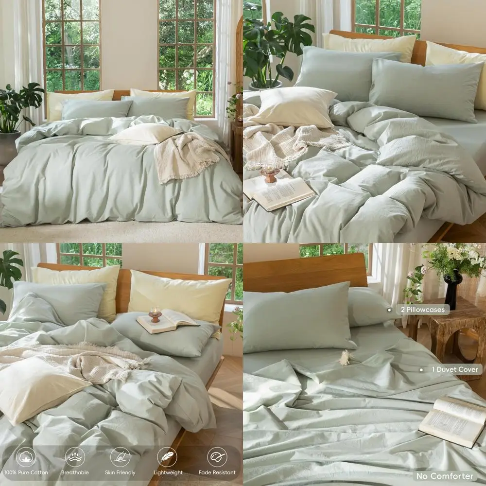 

100% Cotton Linen Texture Duvet Cover Set - Breathable, Durable, Soft, Comfortable - Sage Green, King Size, Suitable for Bedding
