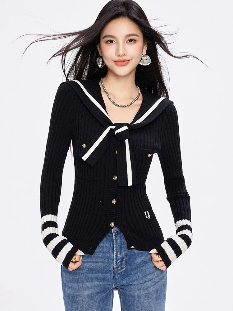 Navy Collar Knitted Cardigan Age Reduction Tops Women Clothing Autumn New Korean Fashion Long Sleeve Sweater