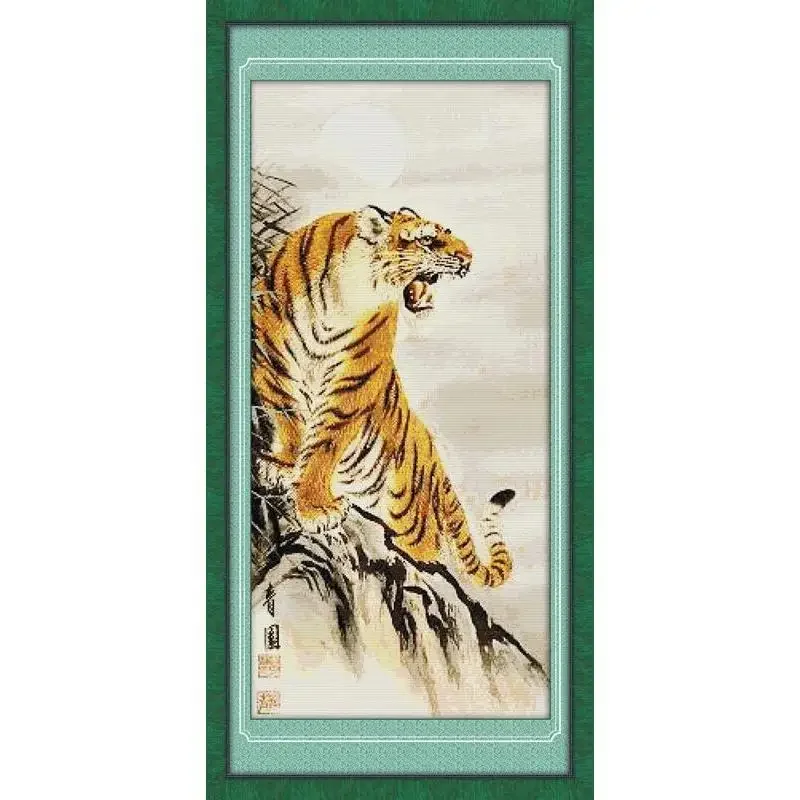 Joy Sunday New Printed Cross Stitch Kit  Easy Pattern Aida  Stamped Fabric DMC Threads Embroidery Kits-Uphill Tiger(1)