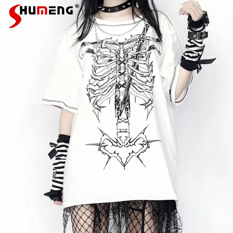 

Original Subculture Rib Niche Punk Print Diablo Shoulder Short Sleeve Y2k T-shirts New Women's Clothes Black White Top Pullovers