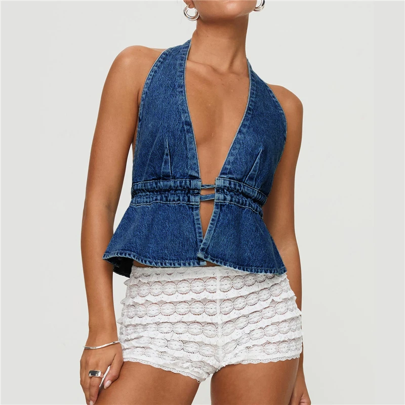

Spring Summer Women's Short Denim Vest Sexy Sleeveless Tops Backless Slim Casual Jeans Vest Female Waistcoat Tops Chaleco Mujer