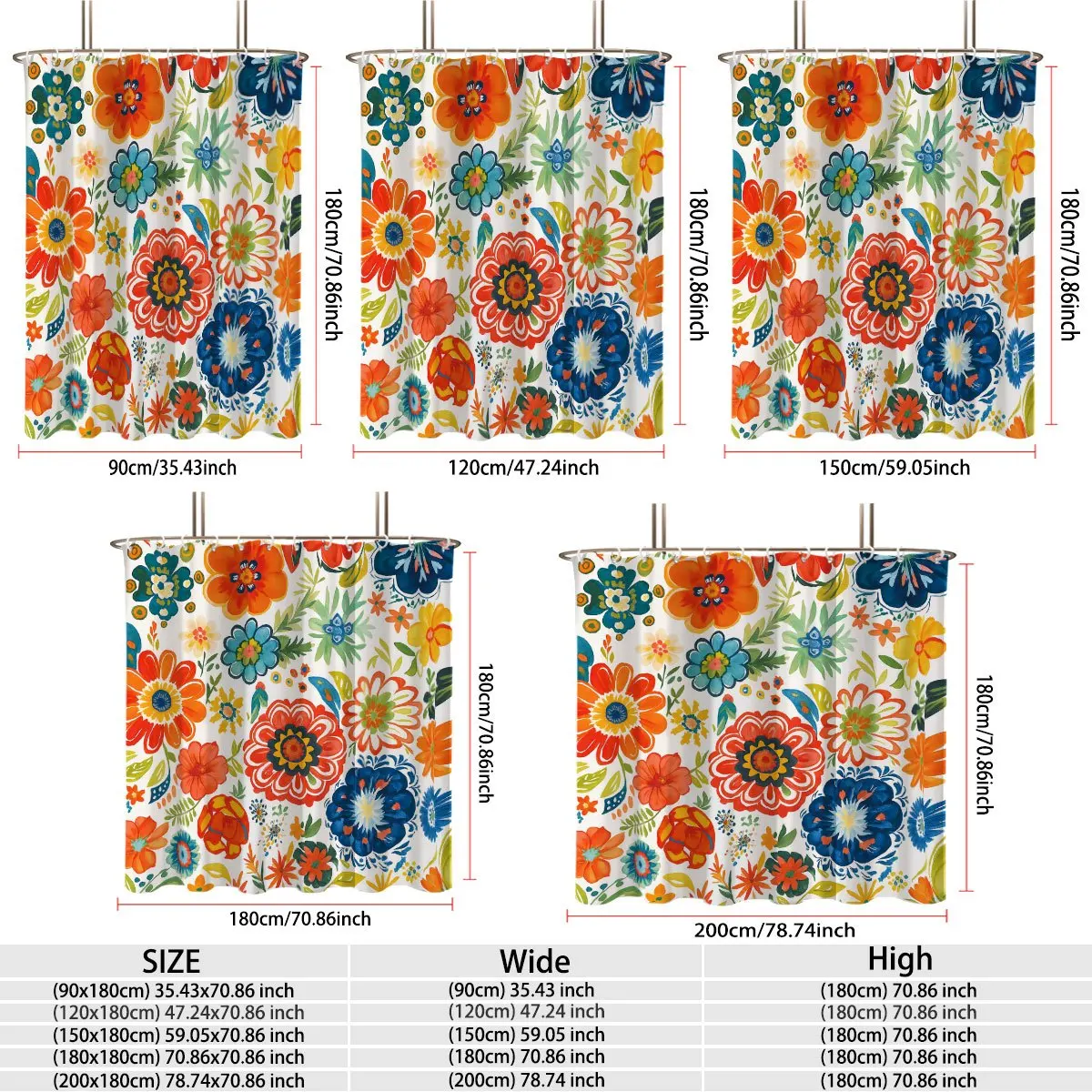 Bright Multicolored Folk‑Style Exotic Floral Repeating Pattern On White Base Bath curtain, Cozy Soft Warm 