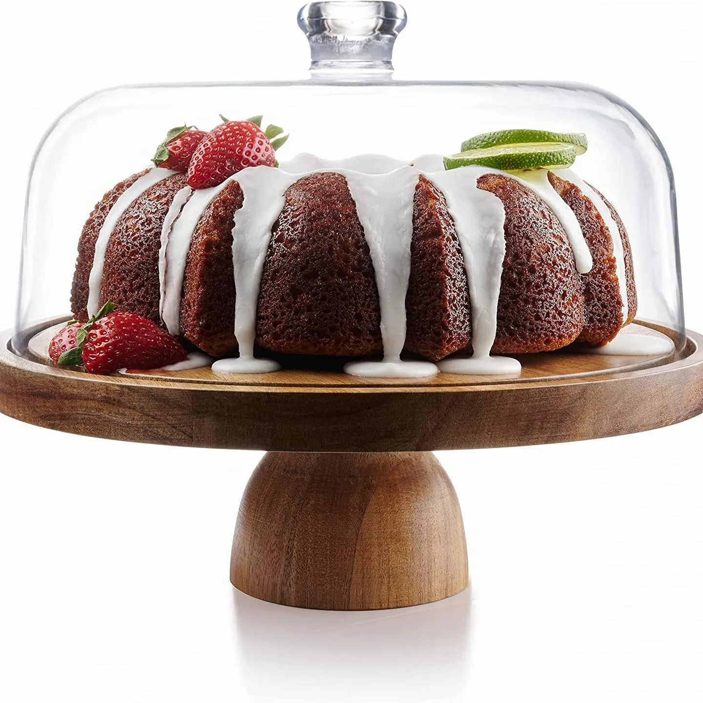 

Suitable for high-quality solid wood 2 in 1 dual-purpose acacia wood cake stand, fruit point water tray with acrylic cover/glass