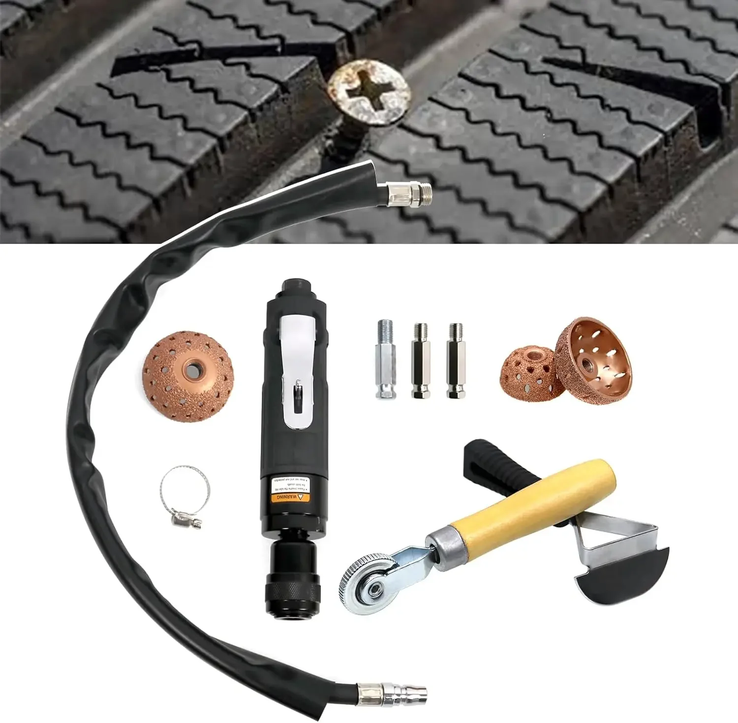 

Tire Repair Kit with 2500RPM Air Buffer, Patch Roller, Scraper & Tungsten Steel Wheels