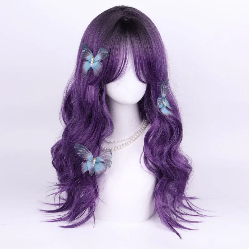 

Temperament medium points long curly hair eight-character bangs purple long curly hair festive atmosphere dopamine cos full head