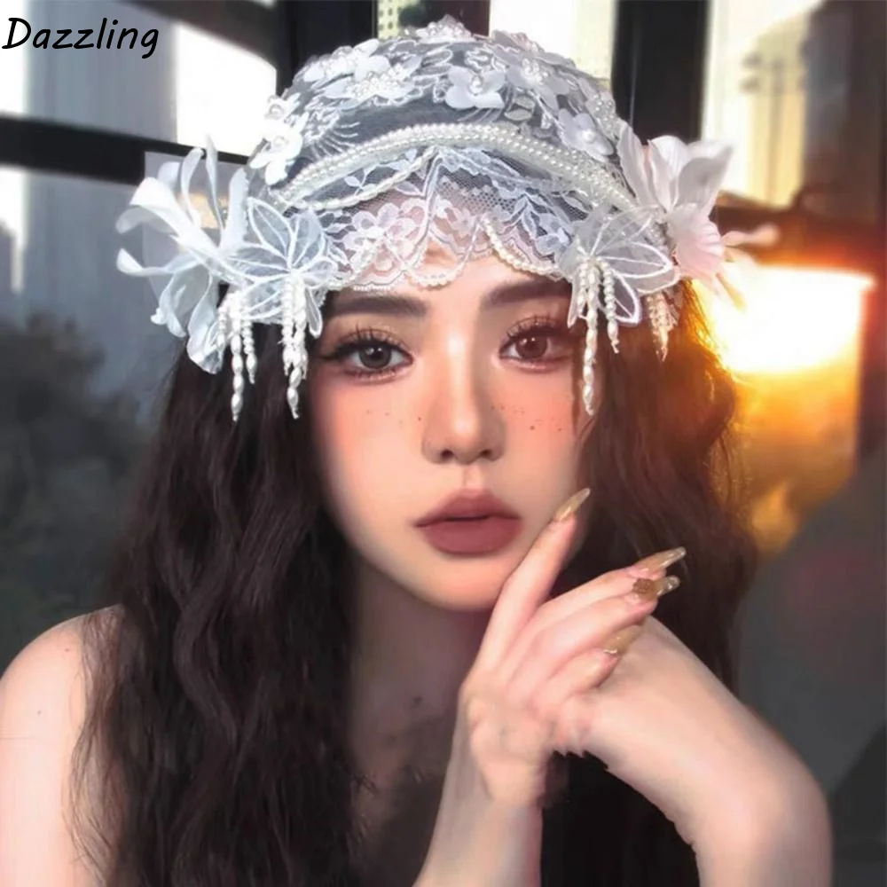

Elegant Bride Headdress Lace White Flower Photography Headband French Style Sweet Wedding Hair Accessories Hair Jewelry