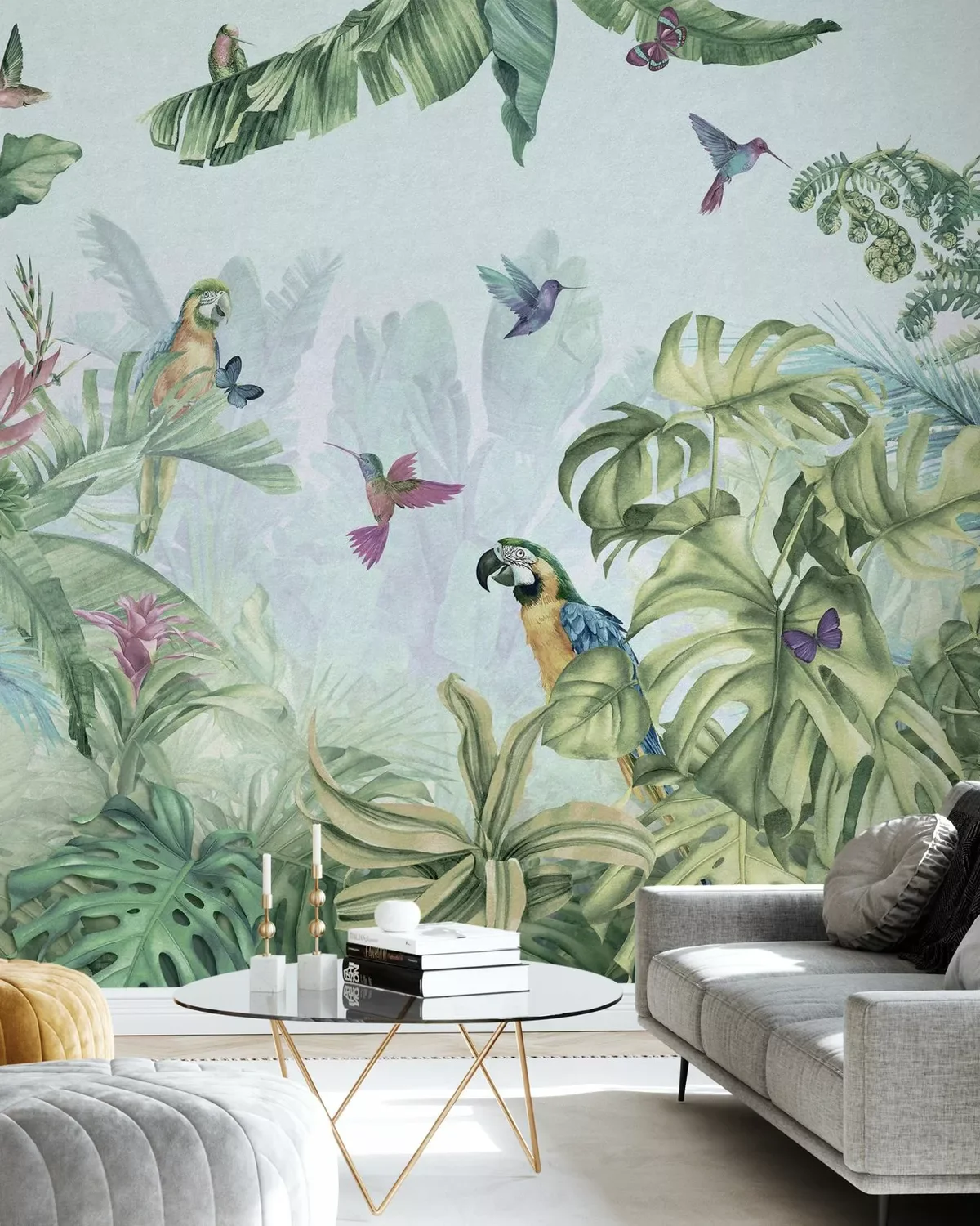Customized mural hand-painted tropical plants, banana trees, parrots, 3d wallpaper, cartoon children's room decoration painting